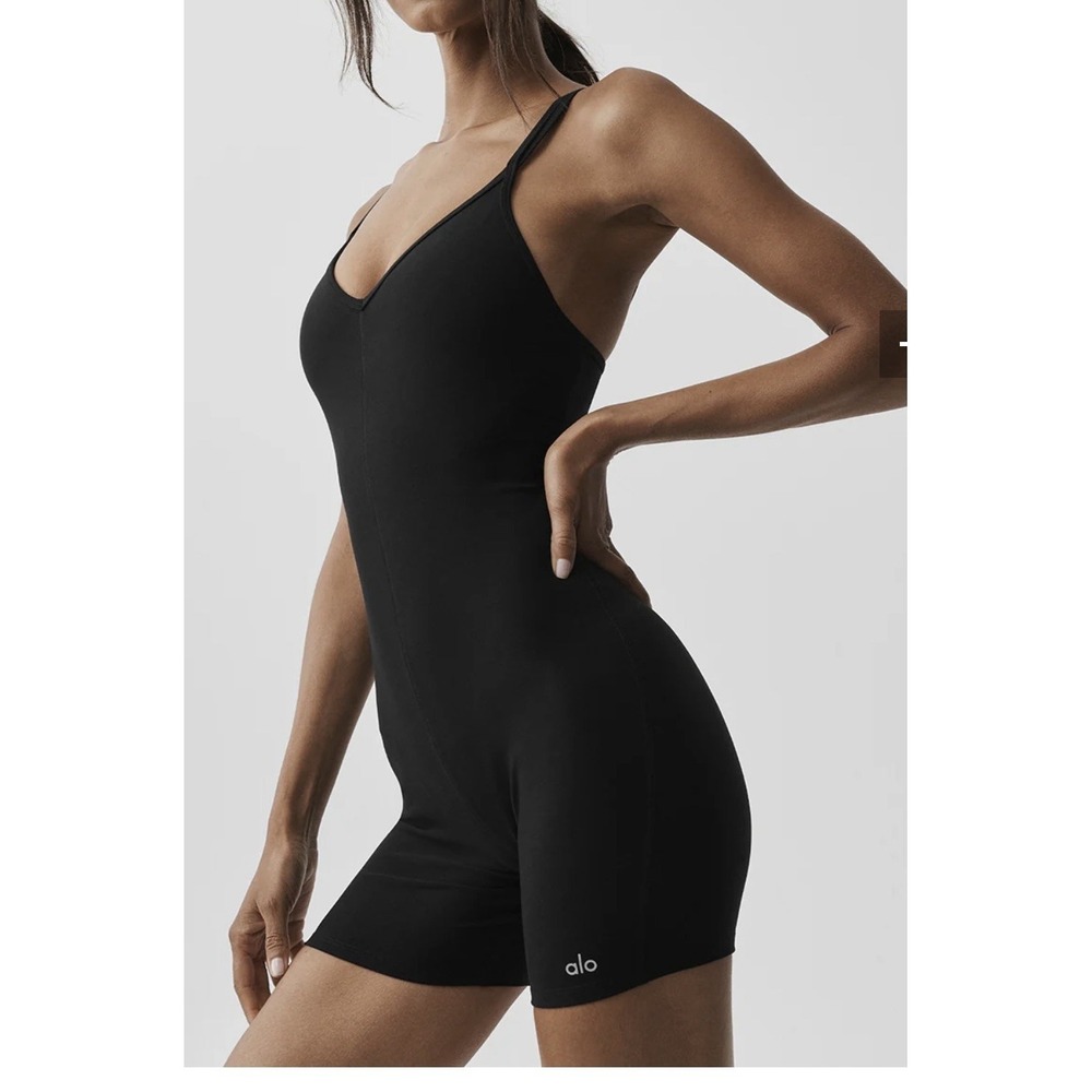 Alo Yoga ALOSOFT SUNS OUT Bodysuit Romper BLACK Womens Size Small Ballet Baddie
